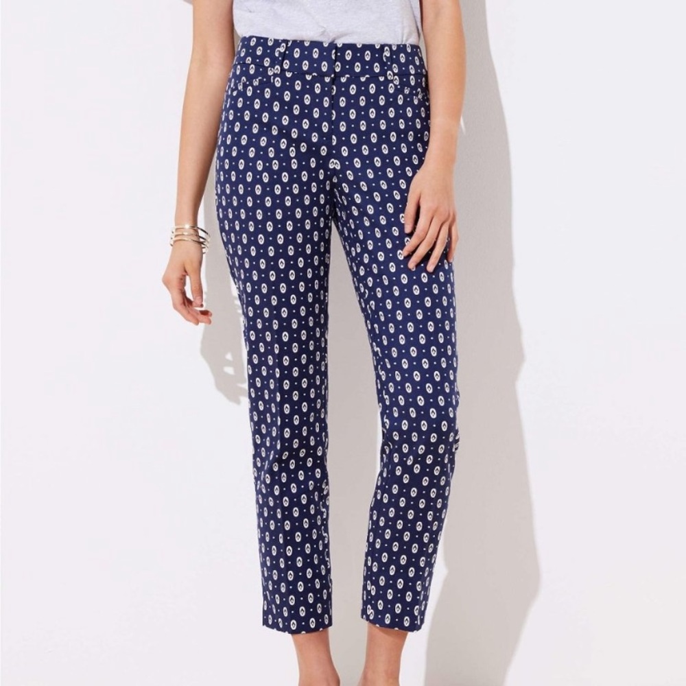 Loft Riviera Pants Navy and White Print Marisa Fit